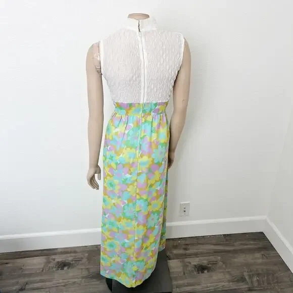 [Vintage] 60s 70s Cream Mock Neck Groovy Floral Print Bow Maxi Dress Sz Medium M - Picture 2 of 12